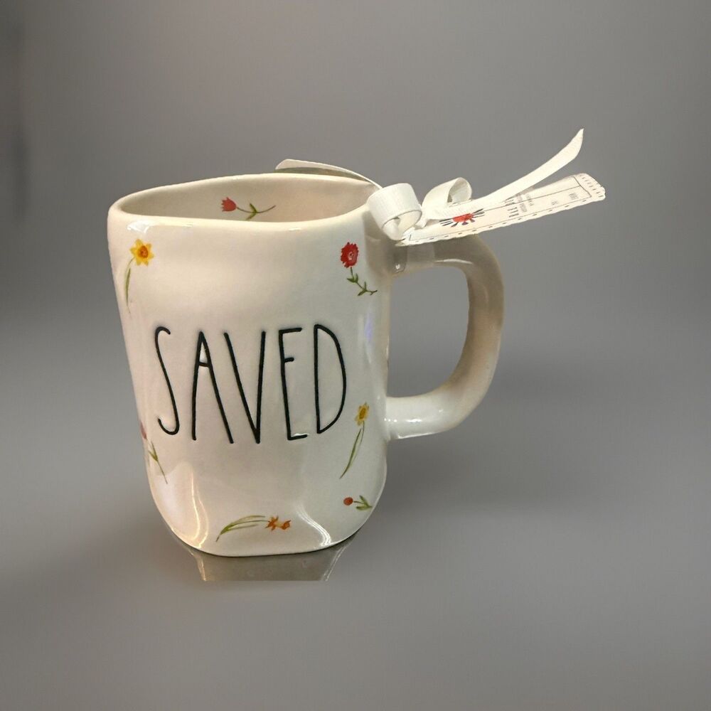 Rae Dunn SAVED Coffee Mug 18 oz Ceramic, Floral Religious Quote Tea Cup